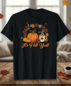 It's Fall Y'all t-shirt design with pumpkins, a coffee mug, and autumn leaves surrounding the text