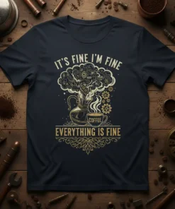 It's Fine I'm Fine Coffee Everything Is Fine text with coffee pot and cup graphic on a navy t-shirt