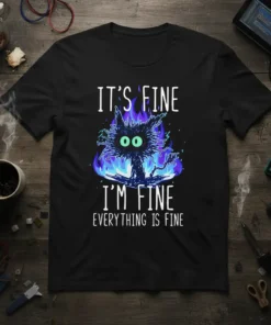 Black t-shirt with white text "IT'S FINE I'M FINE EVERYTHING IS FINE" above a cartoon black cat engulfed in blue