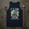 Navy tank top with "It's Fine I'm Fine Everything Is Fine" text, featuring a cartoon cat amidst a chaotic city
