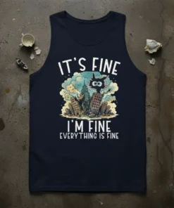 Navy tank top with "It's Fine I'm Fine Everything Is Fine" text, featuring a cartoon cat amidst a chaotic city