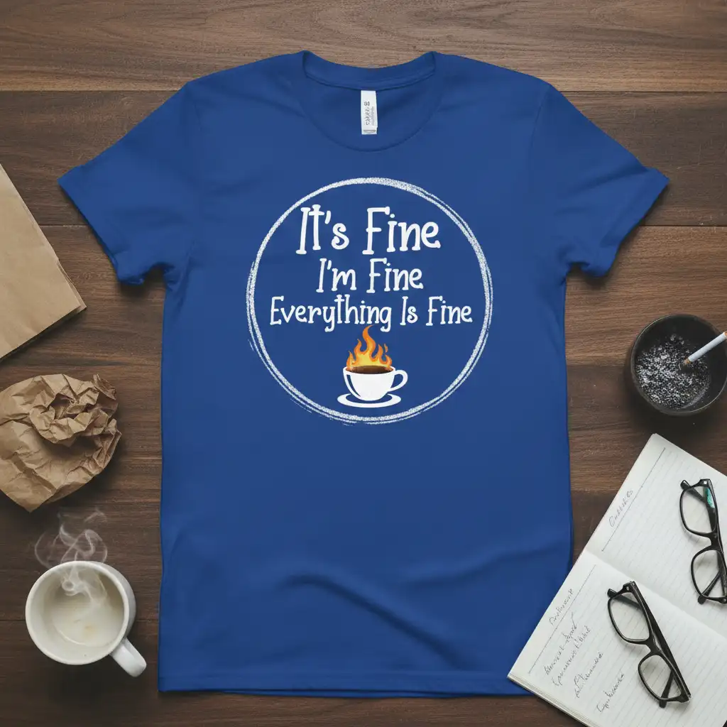 It's Fine I'm Fine Everything Is Fine quote with flaming coffee cup on a royal blue t-shirt