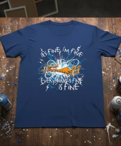 T-shirt featuring the quote "it's FINE, i'm FINE EVERYTHING is FINE ⚡️ is FINE" with a cartoon cat character in
