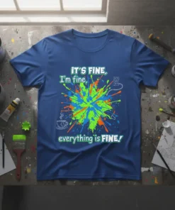 IT'S FINE, I'm fine, everything is FINE! quote t-shirt with colorful paint splatters and icons like a coffee cup and