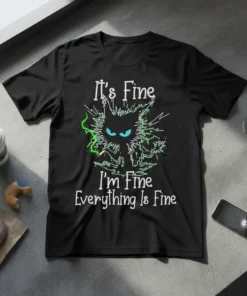 It's Fine I'm Fine Everything Is Fine text with distressed cat graphic on black t-shirt