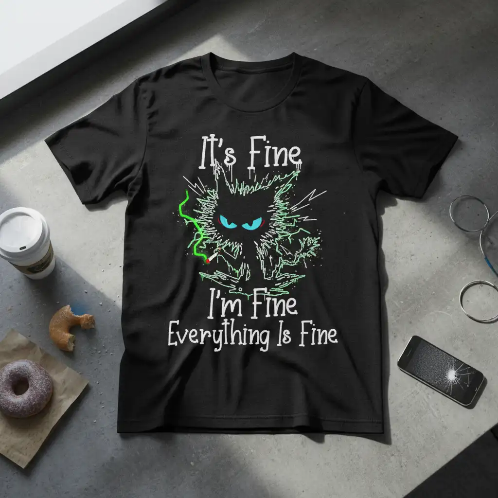 It's Fine I'm Fine Everything Is Fine quote with distressed cat graphic on a black tee