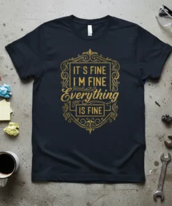 Dark t-shirt with gold text "IT'S FINE I'M FINE Everything IS FINE" in a decorative frame