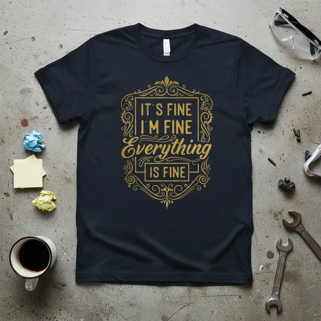 Gold ornate frame design with text IT'S FINE I'M FINE Everything IS FINE on dark tee