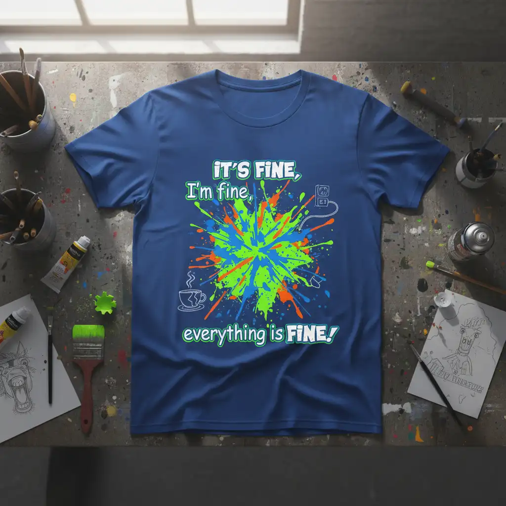 IT'S FINE, I'm fine, everything is FINE! quote on a t-shirt with colorful paint splatters and art-related icons