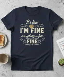 It's fine I'm Fine Everything Is Fine text design with diamond graphic on a navy blue t-shirt