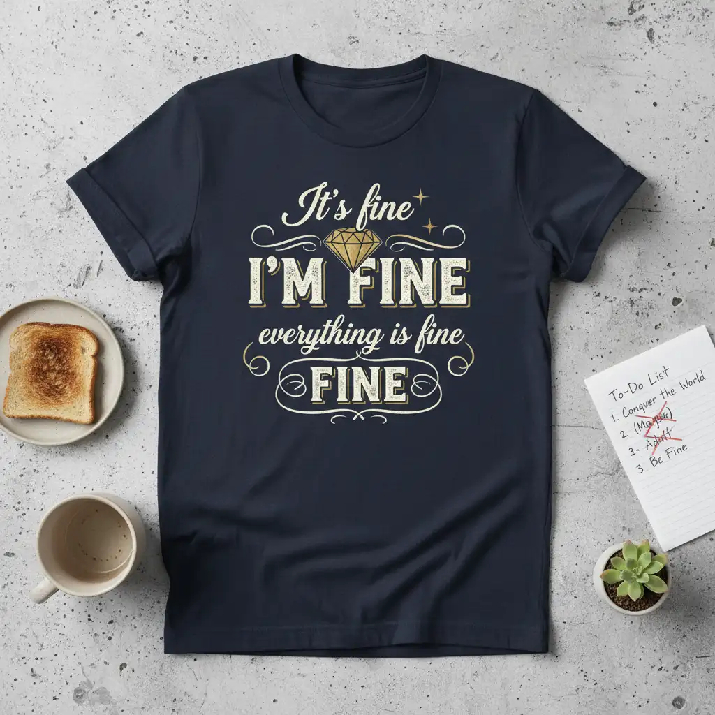 It's fine I'm Fine Everything Is Fine humorous quote with diamond graphic on a comfortable navy t-shirt