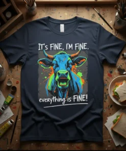It's FINE, I'M FINE. everything is FINE! humorous cow graphic t-shirt with distressed design and bold typography