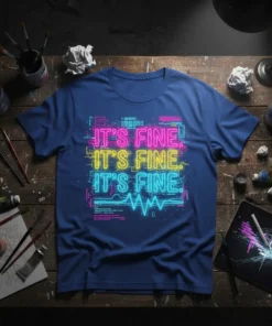 T-shirt with repeating neon text "IT'S FINE. IT'S FINE. IT'S FINE." on a blue tee with digital code background