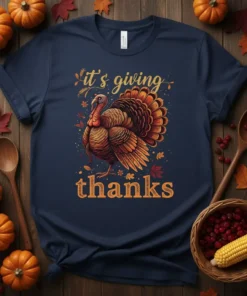 Navy blue t-shirt with "it's giving thanks" text and a detailed illustration of a turkey for Thanksgiving