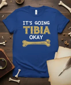 It's Going Tibia Okay funny medical pun t-shirt with a bone graphic and distressed typography