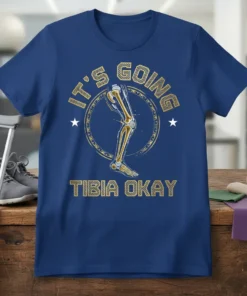 T-shirt with "IT'S GOING TIBIA OKAY" text and a graphic of a human tibia bone