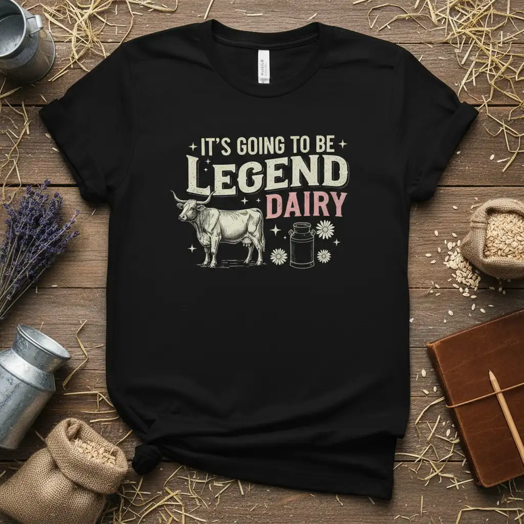 It's Going to Be Legend Dairy text with cow and milk jug graphic on black t-shirt