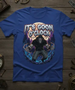 IT'S GOON O'CLOCK text design with a fierce monster character under a full moon and spooky trees