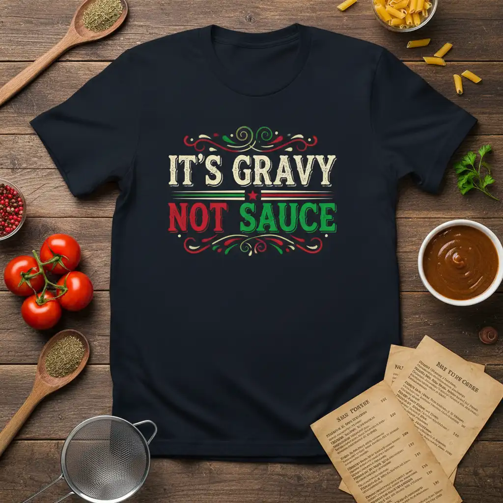 It's Gravy Not Sauce phrase in decorative typography on a dark navy t-shirt, perfect for holiday meals