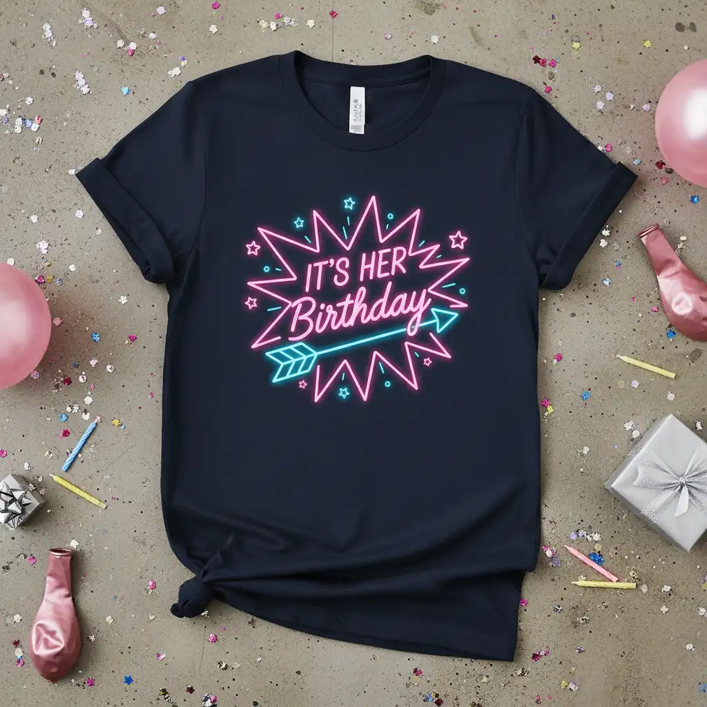 It's Her Birthday quote in vibrant neon pink and turquoise on a dark t-shirt, perfect for celebrations