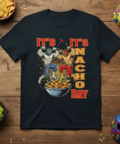 It's It's Nacho Day t-shirt design with two luchadores flexing and a bowl of nachos below