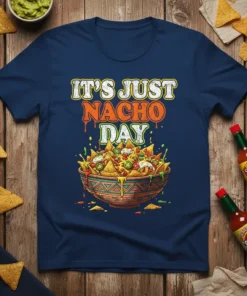 It's Just Nacho Day text with a bowl of loaded nachos graphic on a navy blue t-shirt