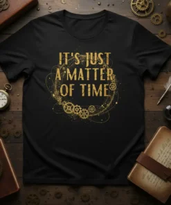 Black t-shirt with gold "IT'S JUST A MATTER OF TIME" text surrounded by gears and steampunk elements