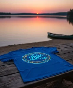 It's Lake Time text design with stylized lake graphic on a blue t-shirt