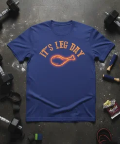 Blue t-shirt with orange neon text "IT'S LEG DAY" and a glowing chicken leg graphic, fitness theme