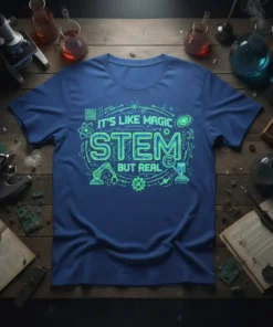 It's Like Magic STEM But Real text design with science icons on a blue t-shirt