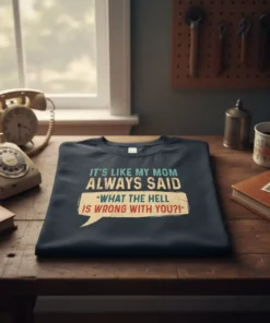 T-Shirt with the quote "IT'S LIKE MY MOM ALWAYS SAID 'WHAT THE HELL IS WRONG WITH YOU?!'" in retro distressed