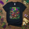 It's Mardi Gras Bruh text with a cool crawfish wearing sunglasses and a jester hat, Mardi Gras colors, on a