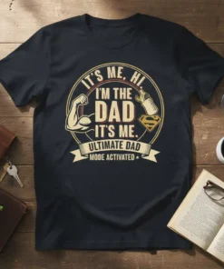 T-shirt with "It's Me, Hi I'm The Dad It's Me. Ultimate Dad Mode Activated" text, muscle arm, baby bottle, and