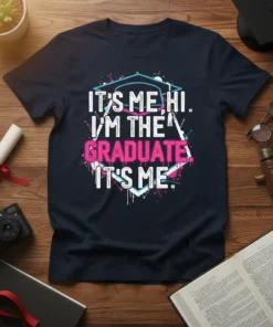 It's Me Hi I'm The Graduate T-Shirt with graduation cap graphic and colorful splatters