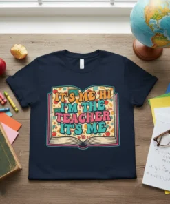 Teacher quote "IT'S ME HI I'M THE TEACHER IT'S ME" in retro font inside an open book graphic, navy t-shirt