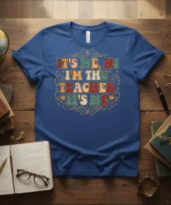 Retro style t-shirt with the quote "It's Me, Hi I'm The Teacher, It's Me" in colorful lettering and decorative swirls