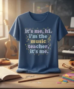 It's me, hi. I'm the music teacher, it's me. quote on a navy t-shirt with musical notes and sparkles
