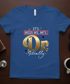 It's Miss Ms. Mrs. Dr. Actually text design on a royal blue v-neck t-shirt, featuring gold circuitry-style "Dr." and script