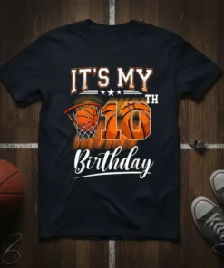 IT'S MY 10TH Birthday t-shirt design with basketballs and hoop graphic for a 10-year-old boy