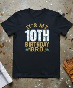 It's My 10th Birthday Bro! text with cracked effect and cake graphics on a black t-shirt