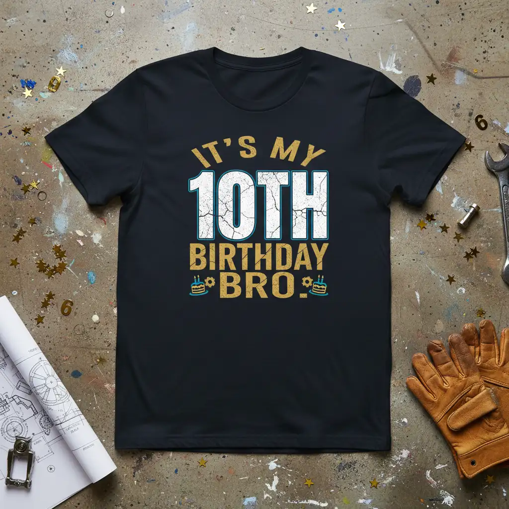 It's My 10th Birthday Bro! text design with festive cakes on a black t-shirt for a 10-year-old boy