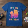 It's My 10th Birthday text with a cute capybara wearing a party hat on a large number 10 graphic