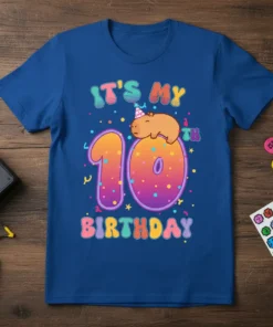 It's My 10th Birthday text with a cute capybara wearing a party hat on a large number 10 graphic