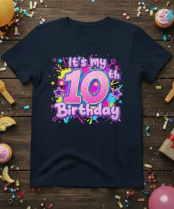 It's my 10th Birthday text design with pink glitter number 10 and colorful splashes, stars, and confetti