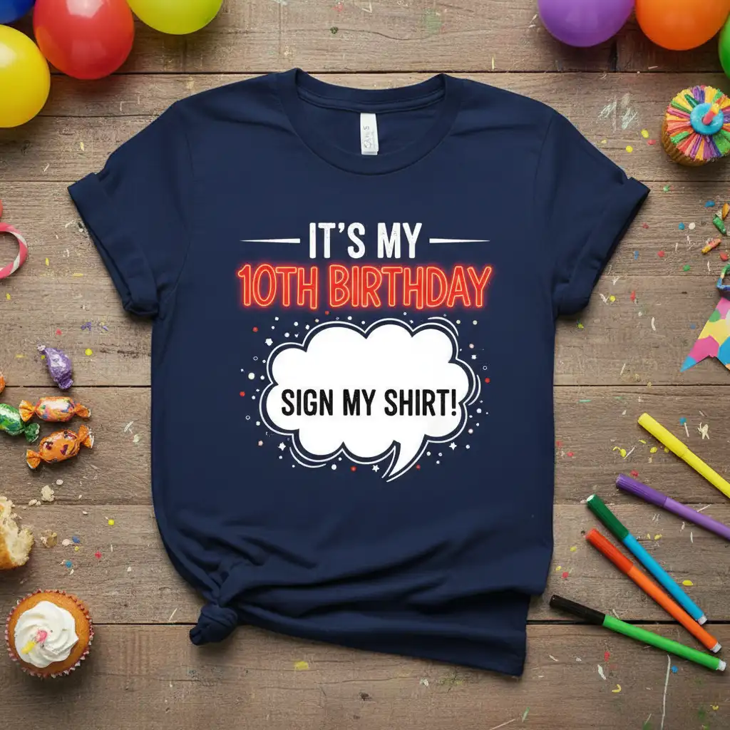 It's My 10th Birthday Sign My Shirt! text design on navy blue kids tee for party guests to sign