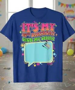 It's My 10th Birthday Sign My Shirt graphic tee with a blank speech bubble for messages and colorful accents