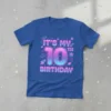 It's My 10th Birthday text in pink and blue gradient with space graphics like rockets and planets, on a blue