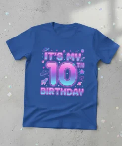 It's My 10th Birthday text in pink and blue gradient with space graphics like rockets and planets, on a blue