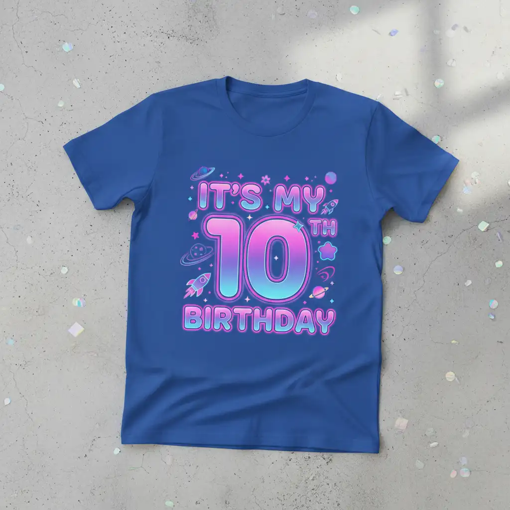 It's My 10th Birthday text with planets and rockets, celebrating a tenth birthday in a galaxy theme