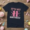 It's My 11th Birthday text and number 11 with bow graphic on a navy t-shirt